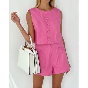 NWT SET Vita Grace Polynesia Scalloped Front Top & High Waisted Shorts Pink Sz S